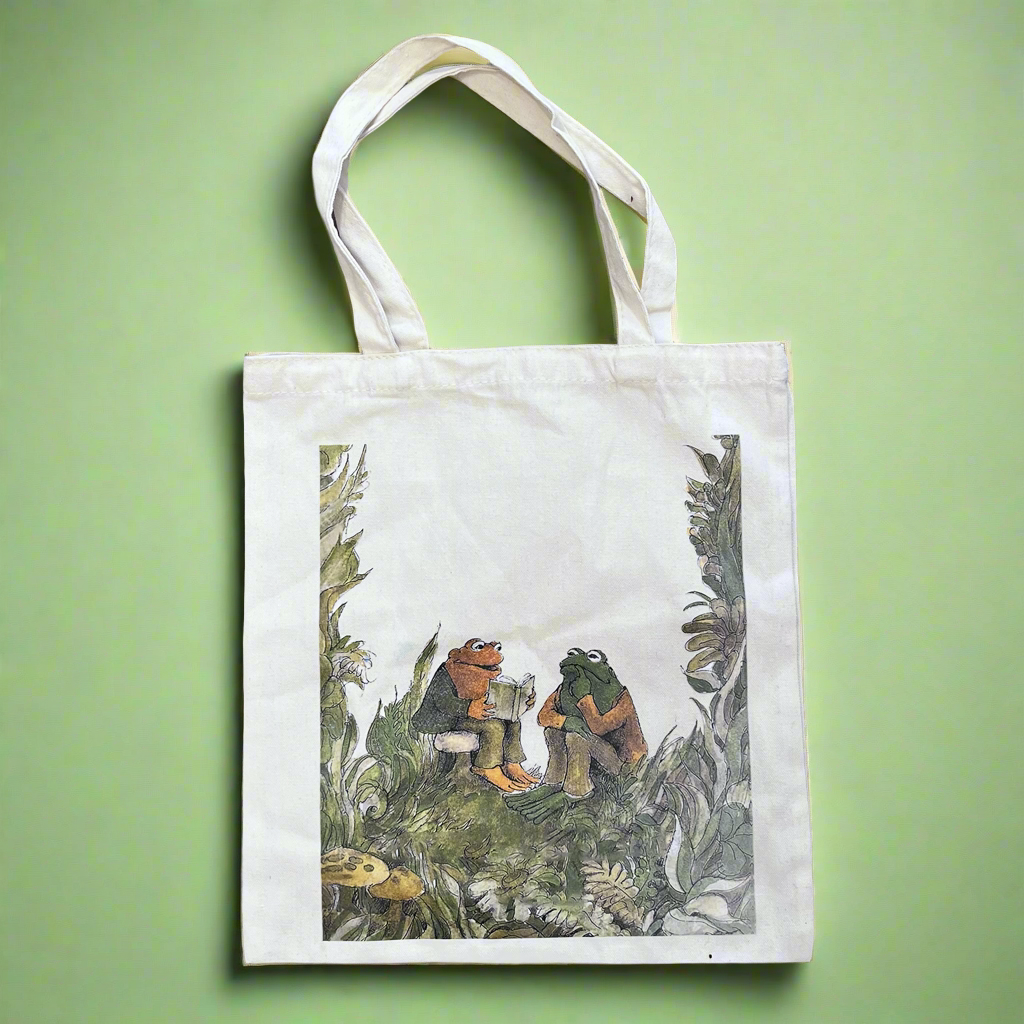 Frog and Toad reading tote bag