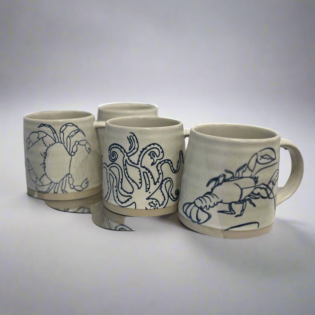 Stoneware Ceramic Mugs, Lobster, Crab and Octopus