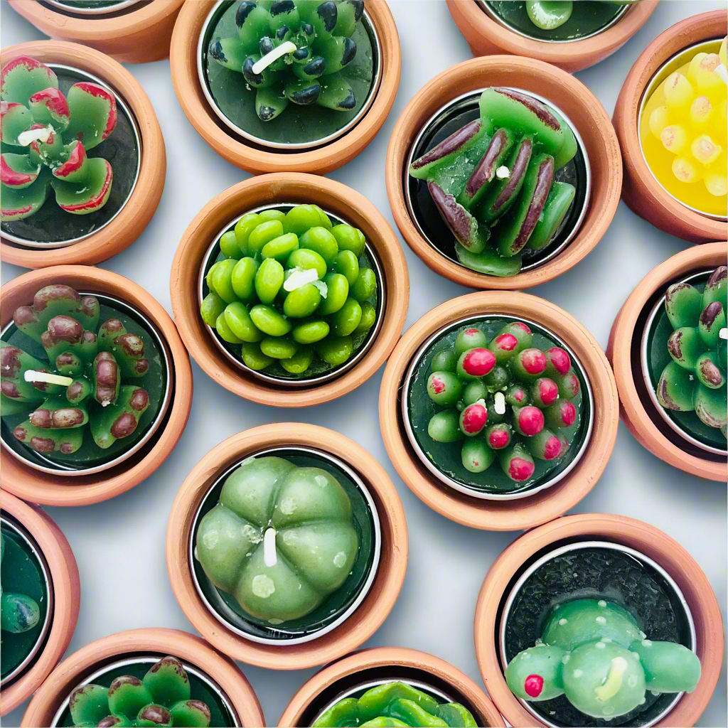 Mini succulent cactus candles in a mini terra-cotta pot