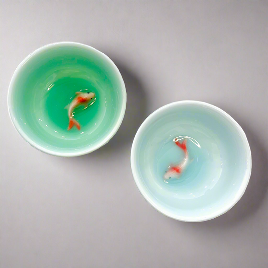 Celedon Green or Blue Ceramic Dish Bowl with Koi Gold Fish