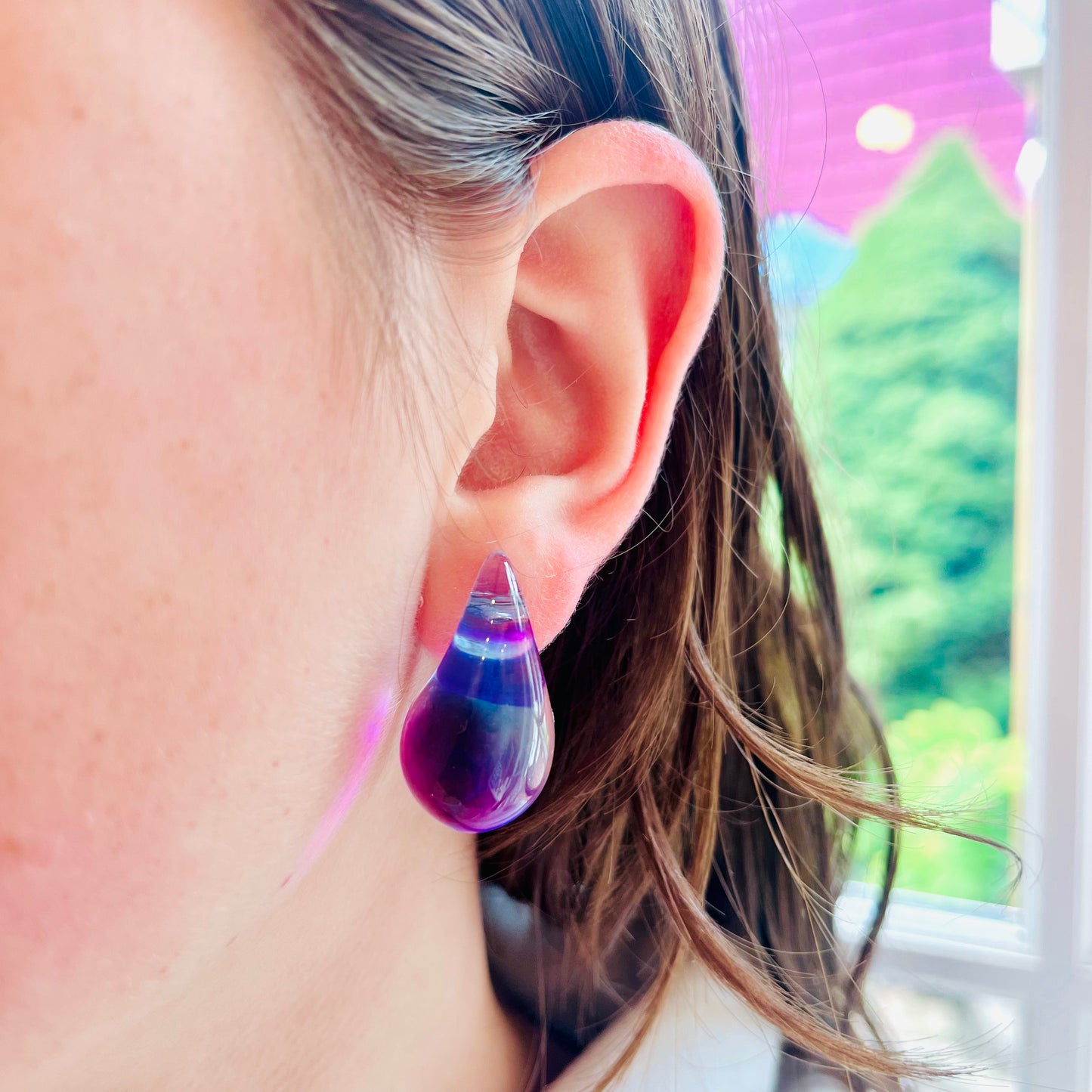 Purple Iridescent Lucite Teardrop Stud Earrings