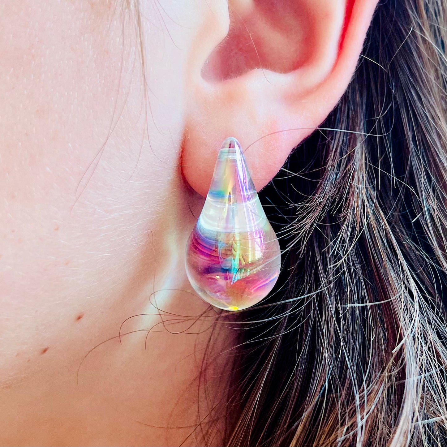 Clear Iridescent Lucite Teardrop Stud Earrings