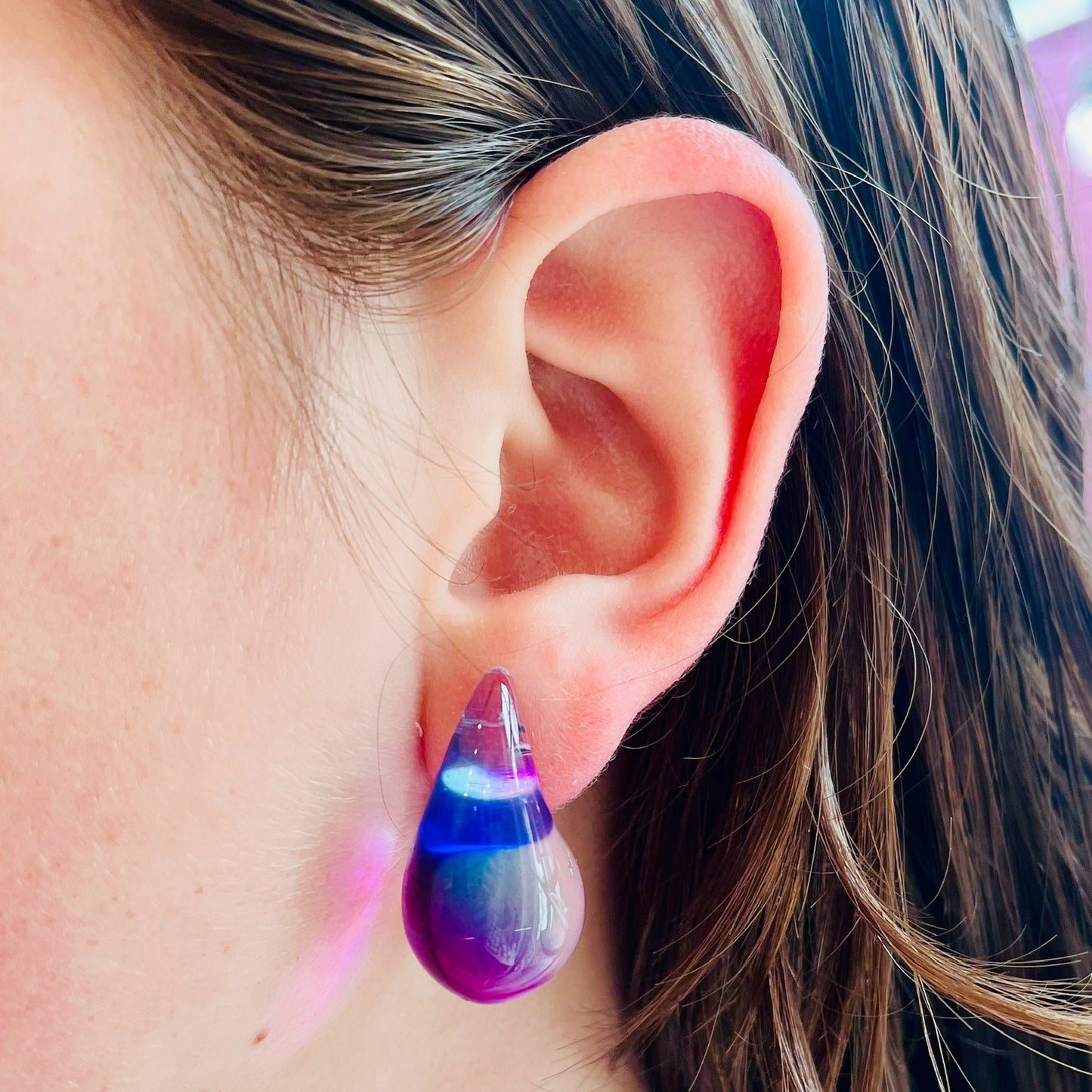 Purple Iridescent Lucite Teardrop Stud Earrings