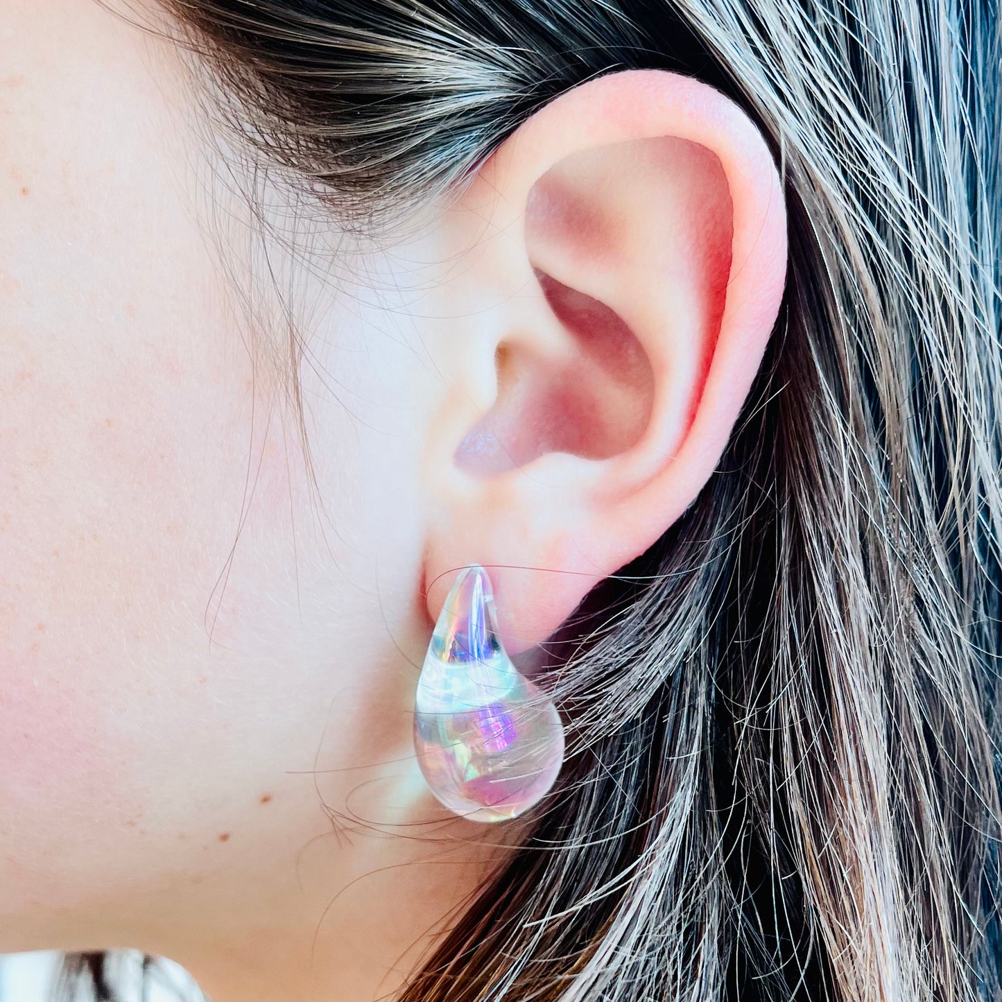 Clear Iridescent Lucite Teardrop Stud Earrings