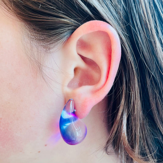 Purple Iridescent Lucite Teardrop Stud Earrings