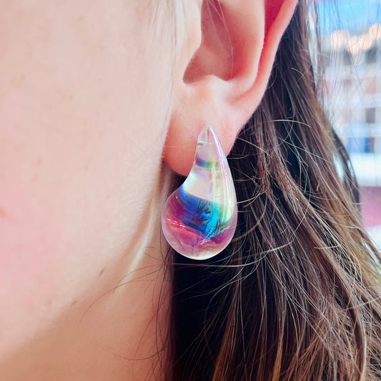 Clear Iridescent Lucite Teardrop Stud Earrings